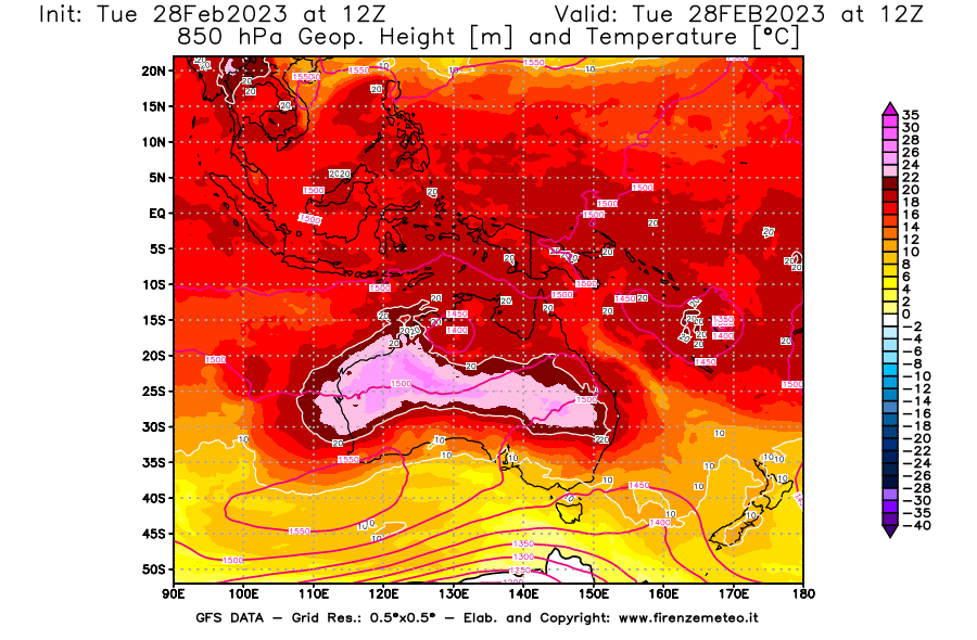 Mappa di analisi GFS - Geopotenziale [m] e Temperatura [°C] a 850 hPa in Oceania
							del 28/02/2023 12 <!--googleoff: index-->UTC<!--googleon: index-->