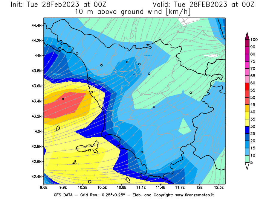 Mappa di analisi GFS - Velocità del vento a 10 metri dal suolo [km/h] in Toscana
							del 28/02/2023 00 <!--googleoff: index-->UTC<!--googleon: index-->