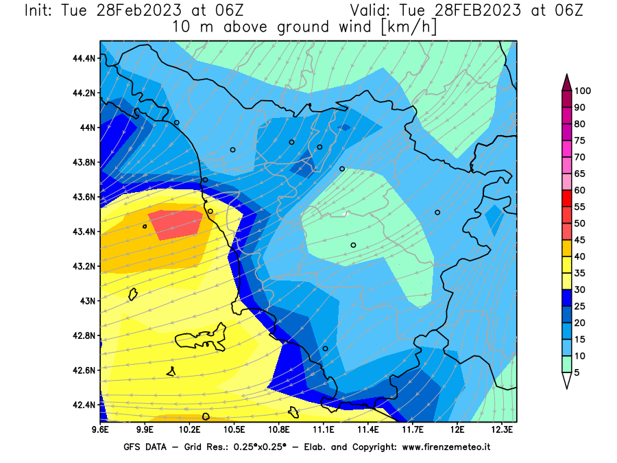 Mappa di analisi GFS - Velocità del vento a 10 metri dal suolo [km/h] in Toscana
							del 28/02/2023 06 <!--googleoff: index-->UTC<!--googleon: index-->