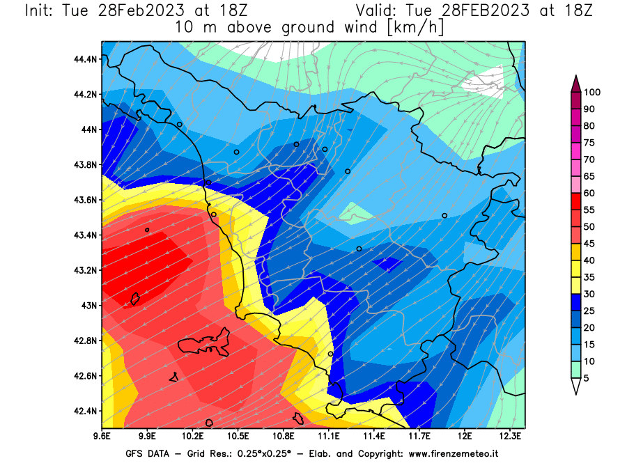 Mappa di analisi GFS - Velocità del vento a 10 metri dal suolo [km/h] in Toscana
							del 28/02/2023 18 <!--googleoff: index-->UTC<!--googleon: index-->