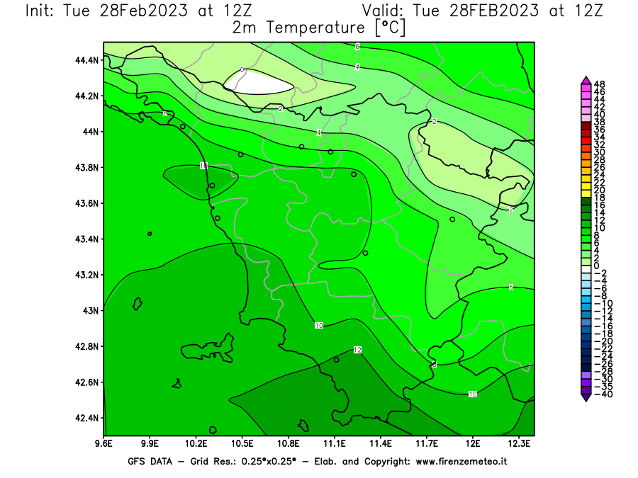 Mappa di analisi GFS - Temperatura a 2 metri dal suolo [°C] in Toscana
							del 28/02/2023 12 <!--googleoff: index-->UTC<!--googleon: index-->