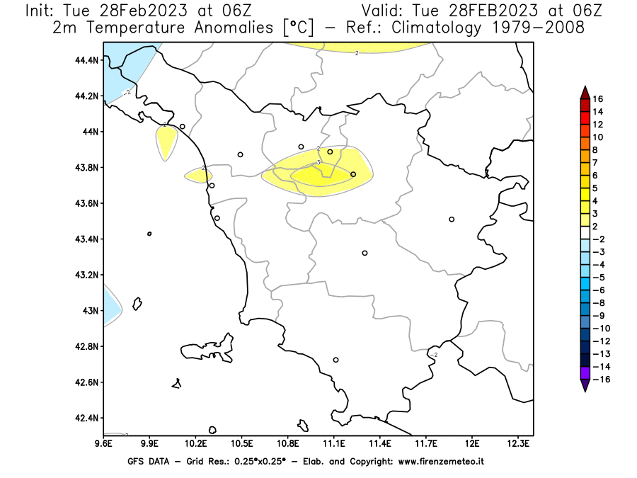 Mappa di analisi GFS - Anomalia Temperatura [°C] a 2 m in Toscana
							del 28/02/2023 06 <!--googleoff: index-->UTC<!--googleon: index-->