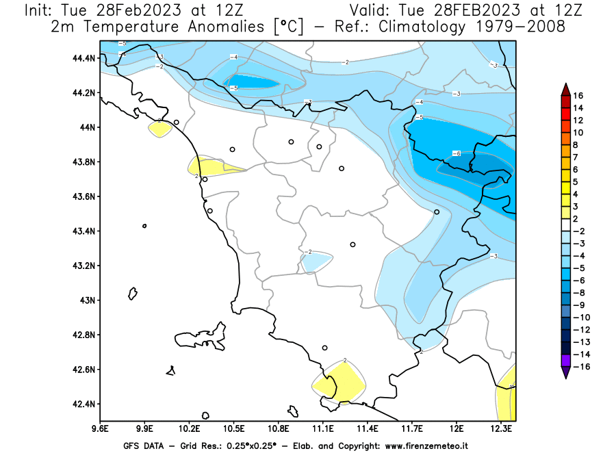 Mappa di analisi GFS - Anomalia Temperatura [°C] a 2 m in Toscana
							del 28/02/2023 12 <!--googleoff: index-->UTC<!--googleon: index-->