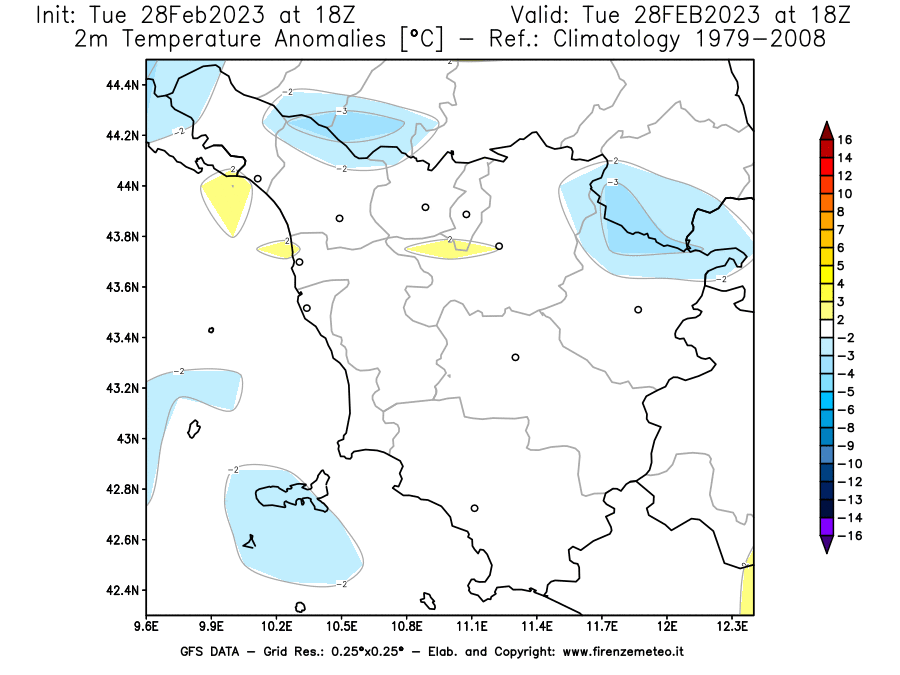 Mappa di analisi GFS - Anomalia Temperatura [°C] a 2 m in Toscana
							del 28/02/2023 18 <!--googleoff: index-->UTC<!--googleon: index-->