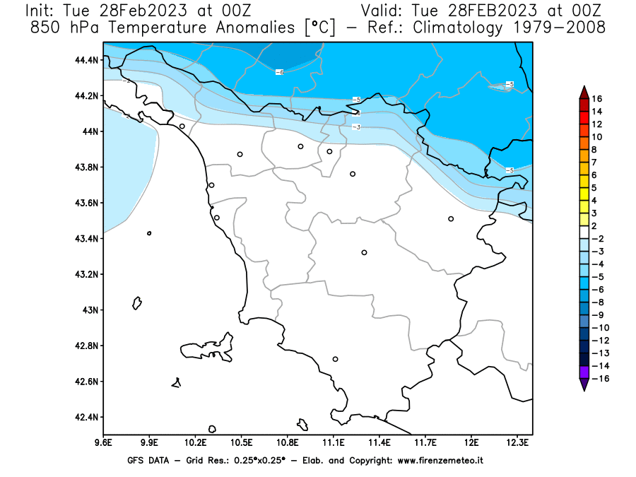 Mappa di analisi GFS - Anomalia Temperatura [°C] a 850 hPa in Toscana
							del 28/02/2023 00 <!--googleoff: index-->UTC<!--googleon: index-->