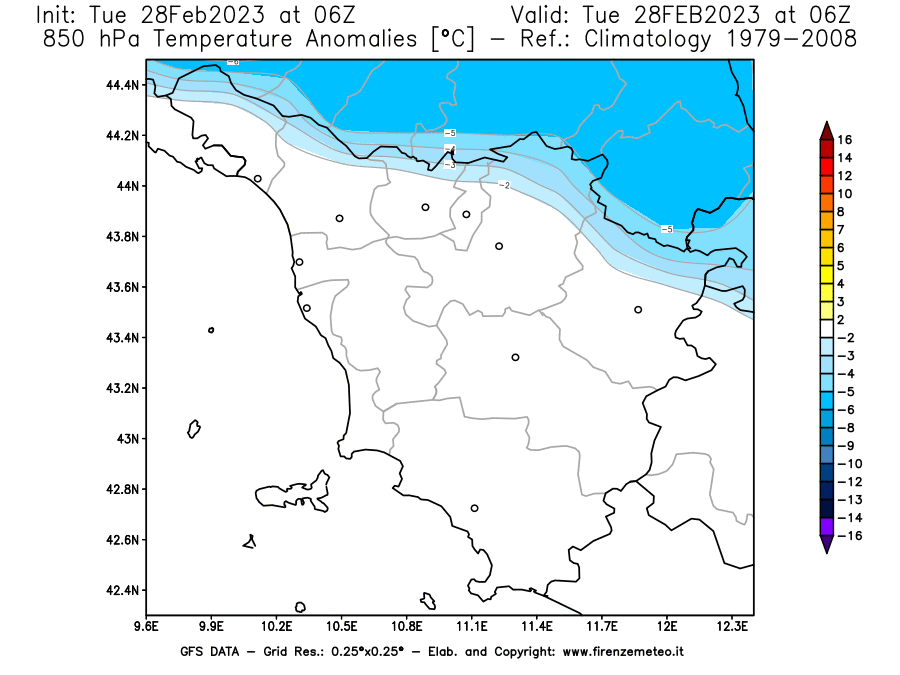 Mappa di analisi GFS - Anomalia Temperatura [°C] a 850 hPa in Toscana
							del 28/02/2023 06 <!--googleoff: index-->UTC<!--googleon: index-->