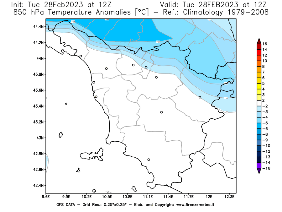 Mappa di analisi GFS - Anomalia Temperatura [°C] a 850 hPa in Toscana
							del 28/02/2023 12 <!--googleoff: index-->UTC<!--googleon: index-->