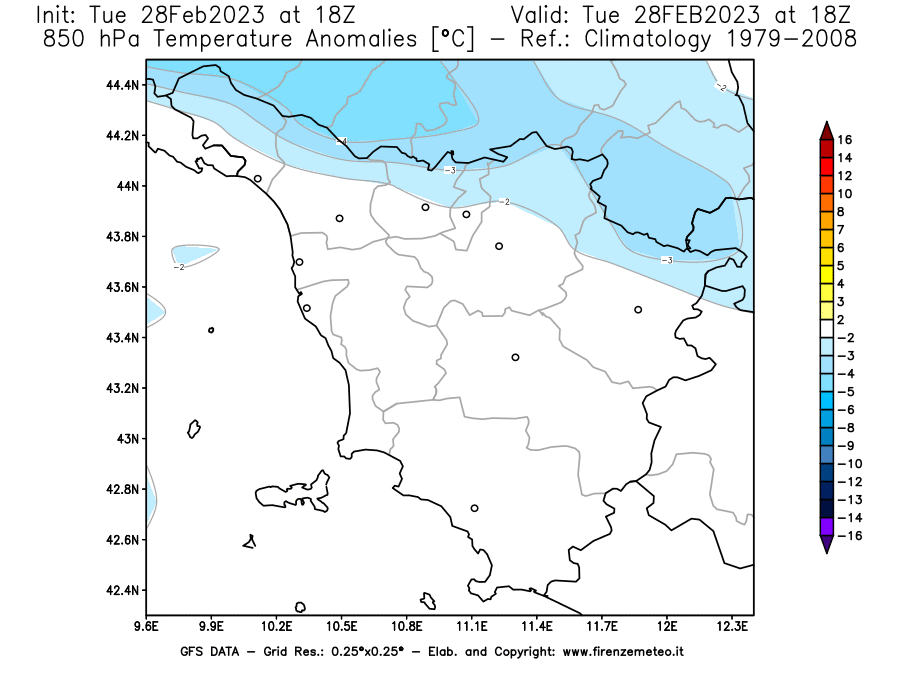 Mappa di analisi GFS - Anomalia Temperatura [°C] a 850 hPa in Toscana
							del 28/02/2023 18 <!--googleoff: index-->UTC<!--googleon: index-->