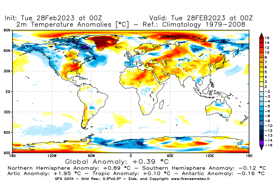 Mappa di analisi GFS - Anomalia Temperatura [°C] a 2 m in World
							del 28/02/2023 00 <!--googleoff: index-->UTC<!--googleon: index-->