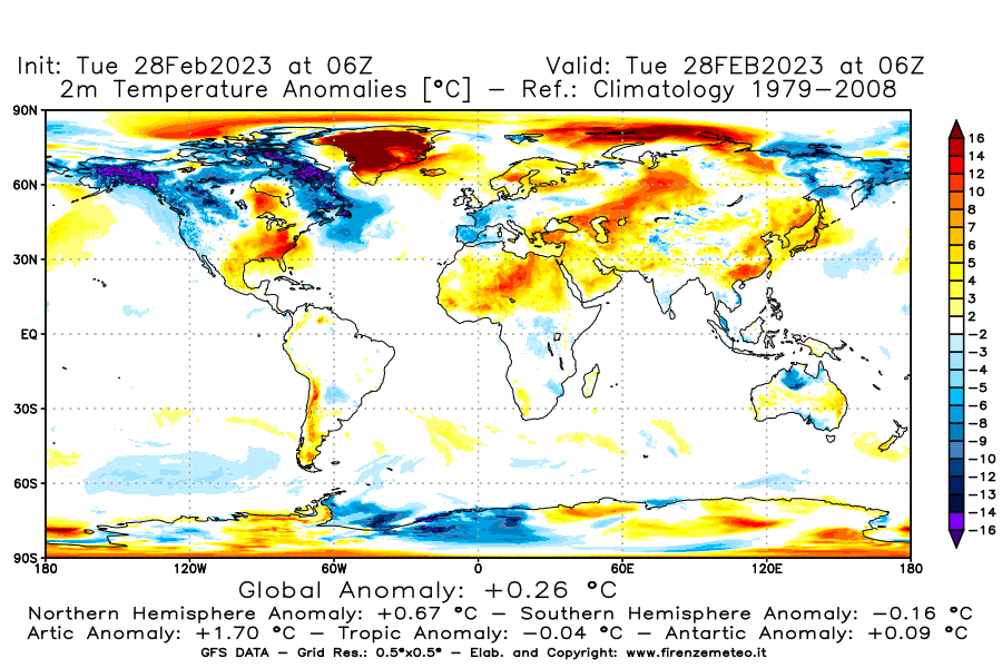Mappa di analisi GFS - Anomalia Temperatura [°C] a 2 m in World
							del 28/02/2023 06 <!--googleoff: index-->UTC<!--googleon: index-->