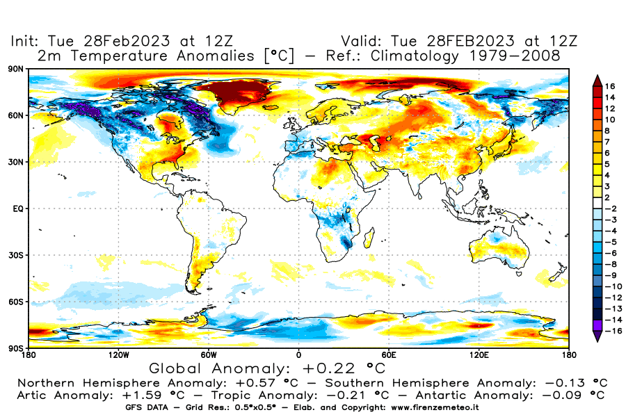 Mappa di analisi GFS - Anomalia Temperatura [°C] a 2 m in World
							del 28/02/2023 12 <!--googleoff: index-->UTC<!--googleon: index-->