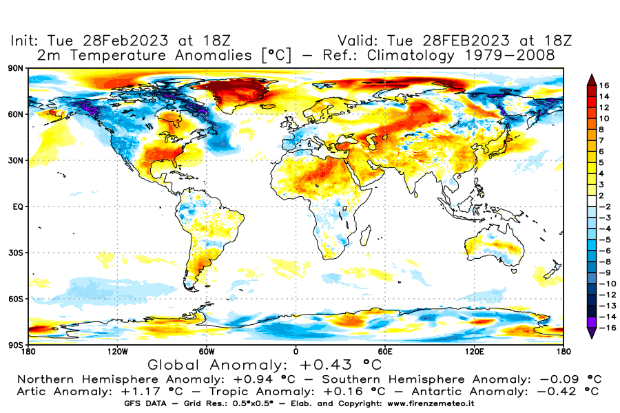 Mappa di analisi GFS - Anomalia Temperatura [°C] a 2 m in World
							del 28/02/2023 18 <!--googleoff: index-->UTC<!--googleon: index-->