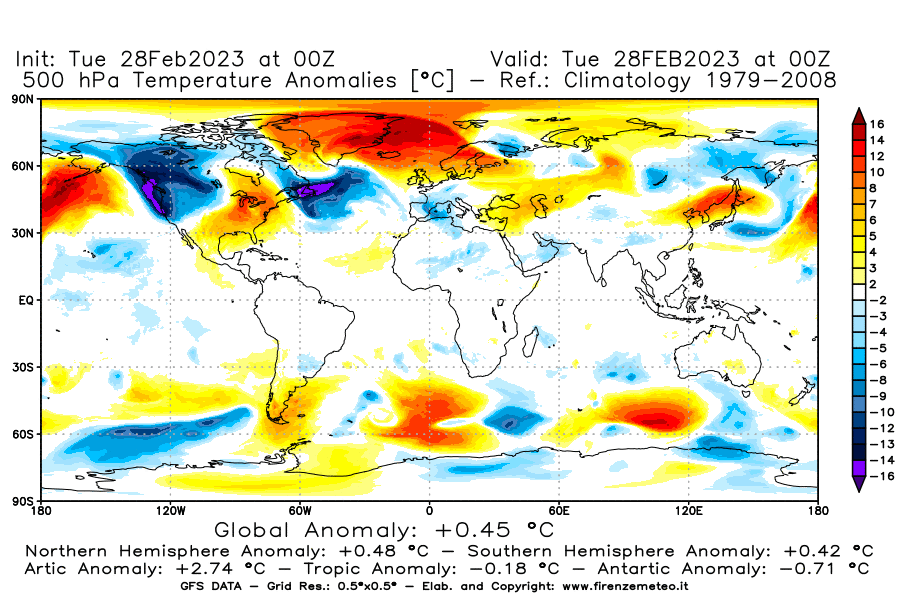 Mappa di analisi GFS - Anomalia Temperatura [°C] a 500 hPa in World
							del 28/02/2023 00 <!--googleoff: index-->UTC<!--googleon: index-->
