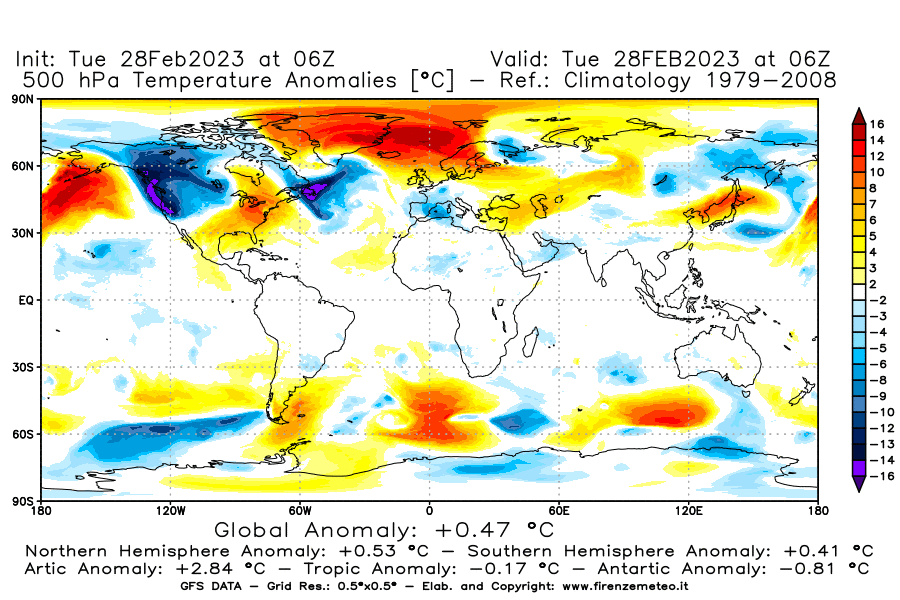 Mappa di analisi GFS - Anomalia Temperatura [°C] a 500 hPa in World
							del 28/02/2023 06 <!--googleoff: index-->UTC<!--googleon: index-->