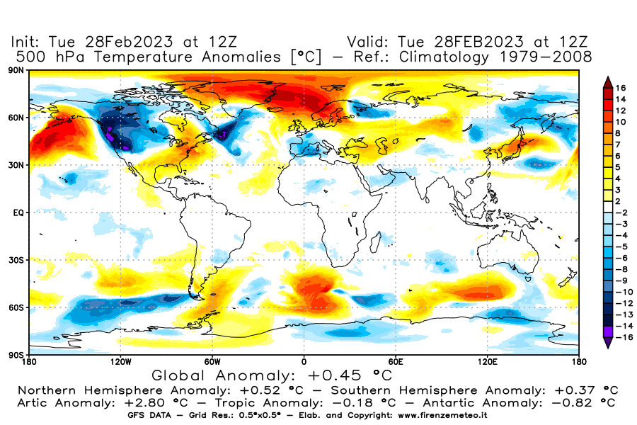 Mappa di analisi GFS - Anomalia Temperatura [°C] a 500 hPa in World
							del 28/02/2023 12 <!--googleoff: index-->UTC<!--googleon: index-->