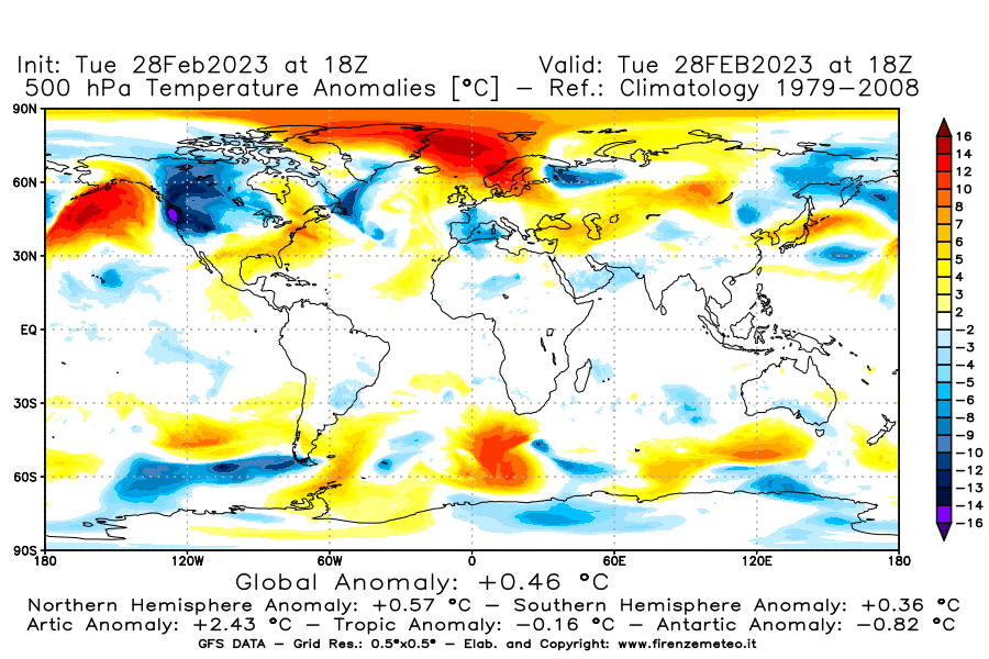 Mappa di analisi GFS - Anomalia Temperatura [°C] a 500 hPa in World
							del 28/02/2023 18 <!--googleoff: index-->UTC<!--googleon: index-->