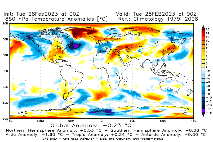 Mappa di analisi GFS - Anomalia Temperatura [°C] a 850 hPa in World
							del 28/02/2023 00 <!--googleoff: index-->UTC<!--googleon: index-->