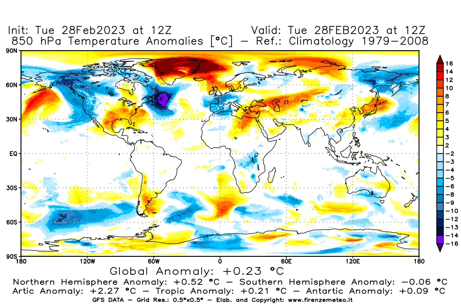 Mappa di analisi GFS - Anomalia Temperatura [°C] a 850 hPa in World
							del 28/02/2023 12 <!--googleoff: index-->UTC<!--googleon: index-->