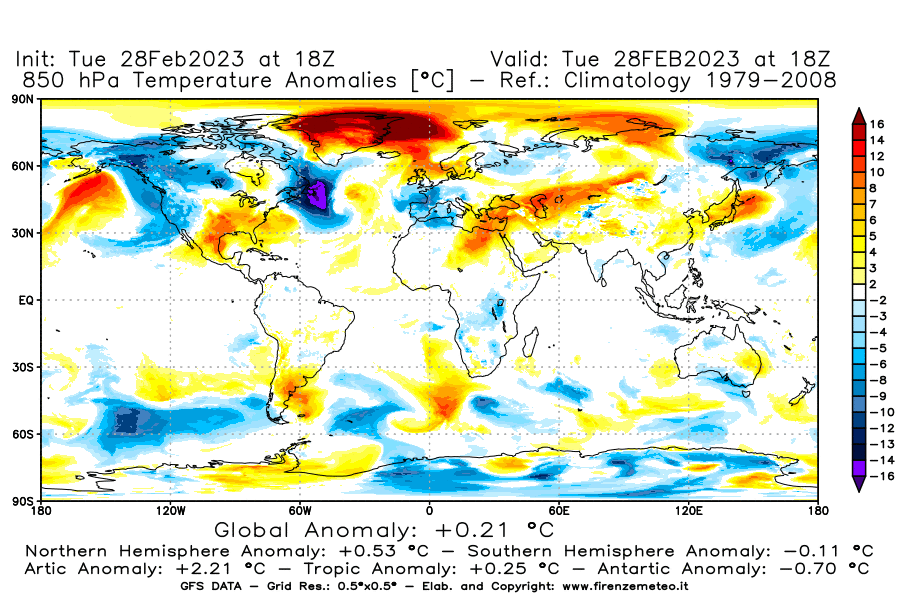 Mappa di analisi GFS - Anomalia Temperatura [°C] a 850 hPa in World
							del 28/02/2023 18 <!--googleoff: index-->UTC<!--googleon: index-->