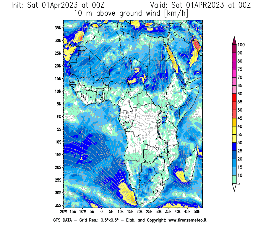 Mappa di analisi GFS - Velocità del vento a 10 metri dal suolo [km/h] in Africa
							del 01/04/2023 00 <!--googleoff: index-->UTC<!--googleon: index-->