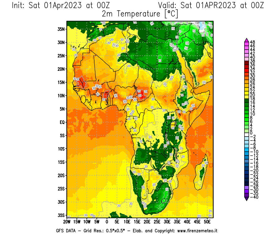 GFS analysi map - Temperature at 2 m above ground [°C] in Africa
									on 01/04/2023 00 <!--googleoff: index-->UTC<!--googleon: index-->