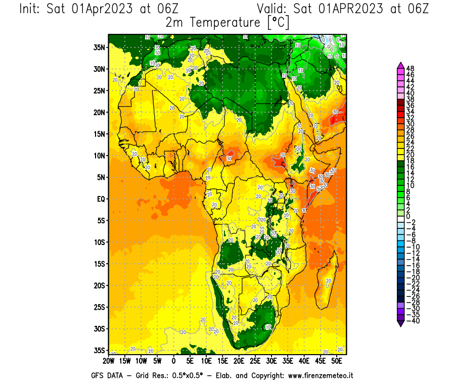 GFS analysi map - Temperature at 2 m above ground [°C] in Africa
									on 01/04/2023 06 <!--googleoff: index-->UTC<!--googleon: index-->