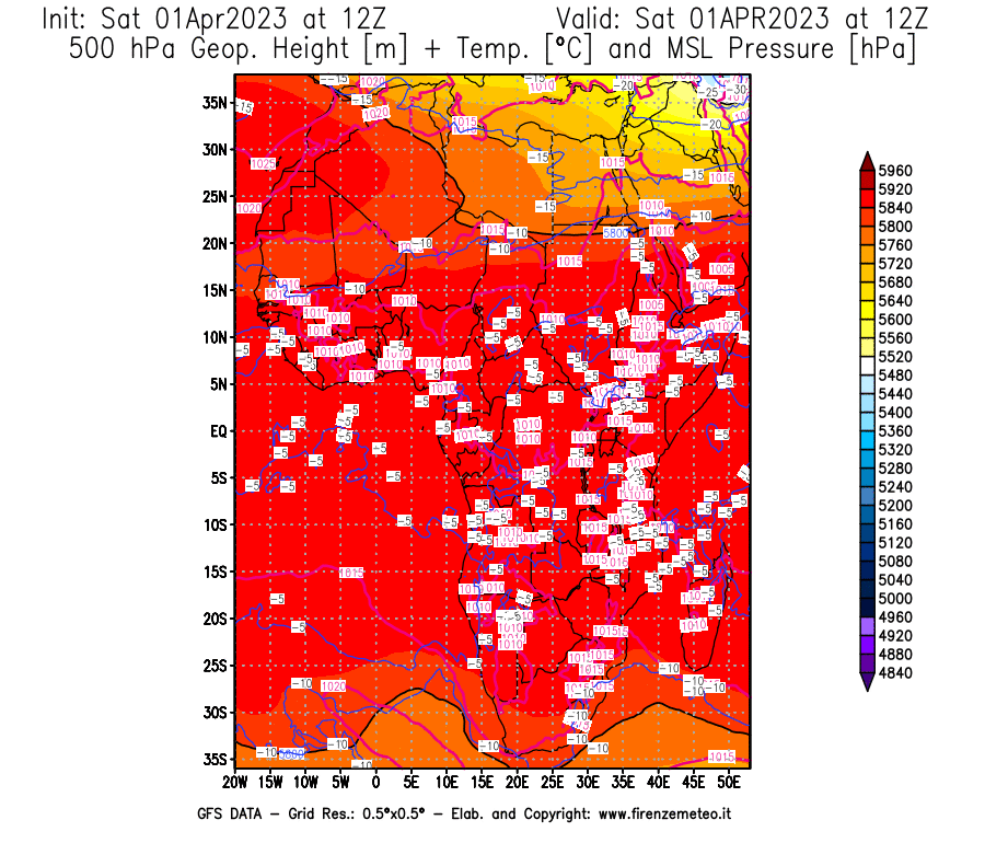 GFS analysi map - Geopotential [m] + Temp. [°C] at 500 hPa + Sea Level Pressure [hPa] in Africa
									on 01/04/2023 12 <!--googleoff: index-->UTC<!--googleon: index-->