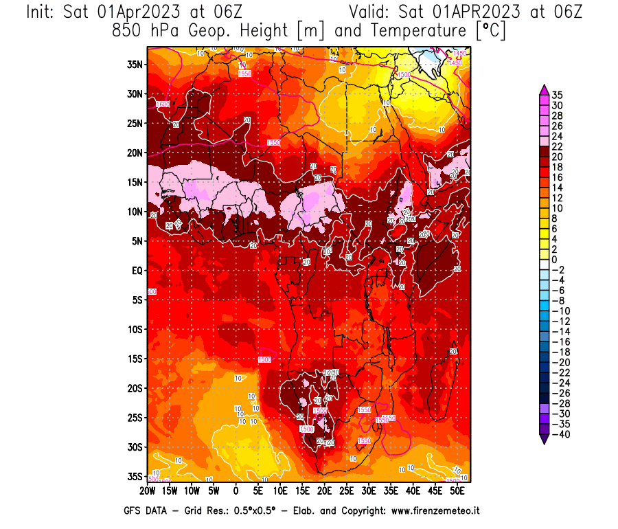 GFS analysi map - Geopotential [m] and Temperature [°C] at 850 hPa in Africa
									on 01/04/2023 06 <!--googleoff: index-->UTC<!--googleon: index-->