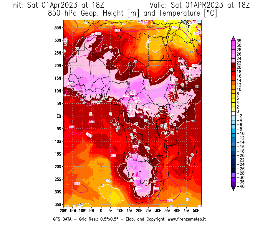 GFS analysi map - Geopotential [m] and Temperature [°C] at 850 hPa in Africa
									on 01/04/2023 18 <!--googleoff: index-->UTC<!--googleon: index-->