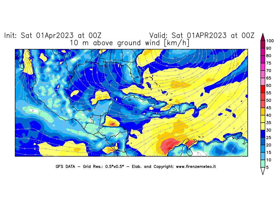 Mappa di analisi GFS - Velocità del vento a 10 metri dal suolo [km/h] in Centro-America
							del 01/04/2023 00 <!--googleoff: index-->UTC<!--googleon: index-->