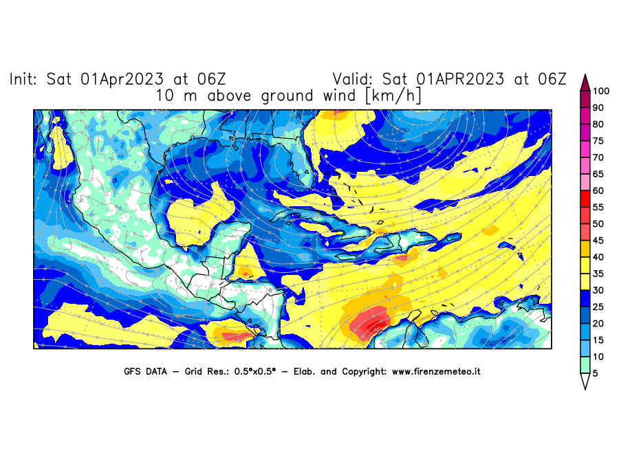 Mappa di analisi GFS - Velocità del vento a 10 metri dal suolo [km/h] in Centro-America
							del 01/04/2023 06 <!--googleoff: index-->UTC<!--googleon: index-->
