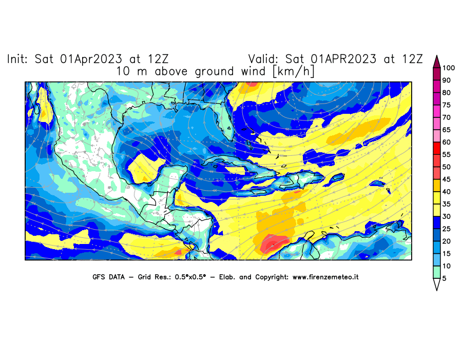 Mappa di analisi GFS - Velocità del vento a 10 metri dal suolo [km/h] in Centro-America
							del 01/04/2023 12 <!--googleoff: index-->UTC<!--googleon: index-->