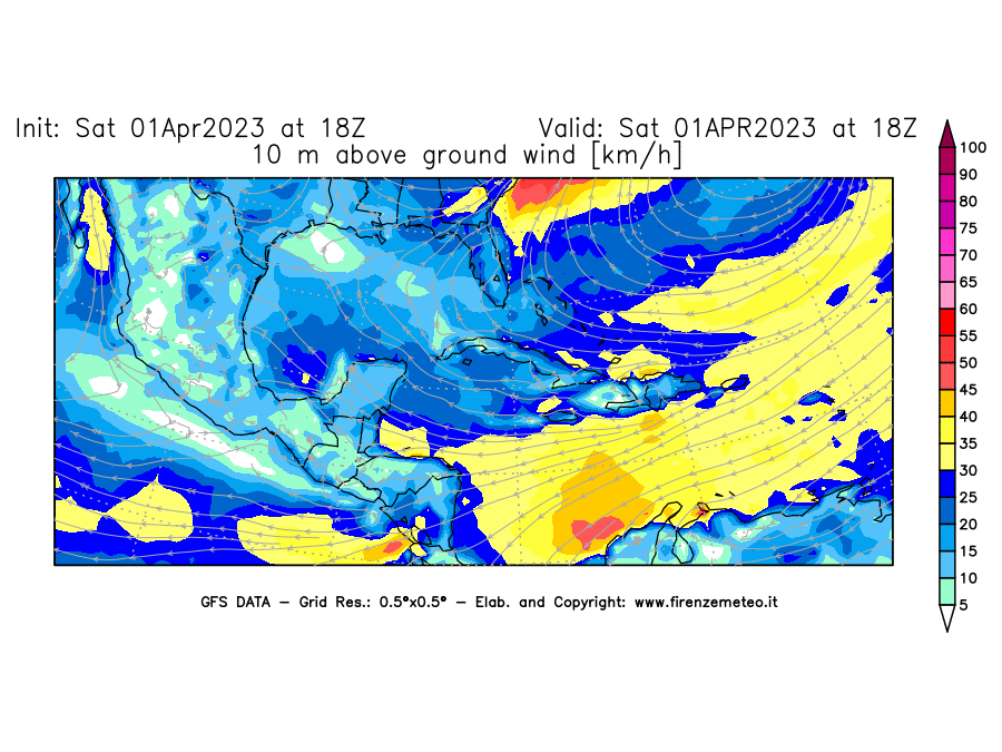 Mappa di analisi GFS - Velocità del vento a 10 metri dal suolo [km/h] in Centro-America
							del 01/04/2023 18 <!--googleoff: index-->UTC<!--googleon: index-->