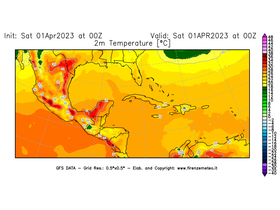 Mappa di analisi GFS - Temperatura a 2 metri dal suolo [°C] in Centro-America
							del 01/04/2023 00 <!--googleoff: index-->UTC<!--googleon: index-->