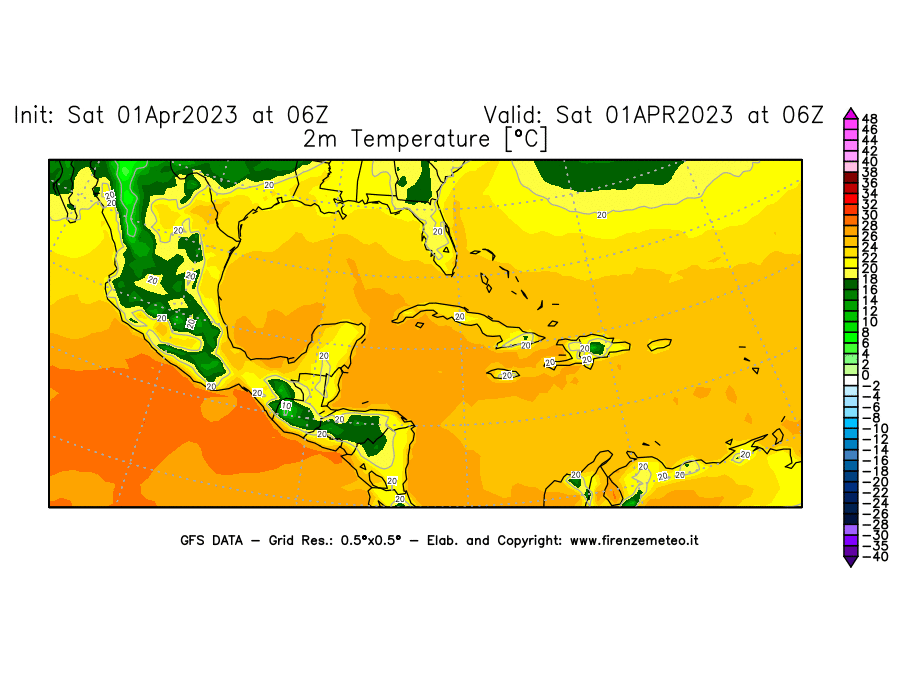 GFS analysi map - Temperature at 2 m above ground [°C] in Central America
									on 01/04/2023 06 <!--googleoff: index-->UTC<!--googleon: index-->