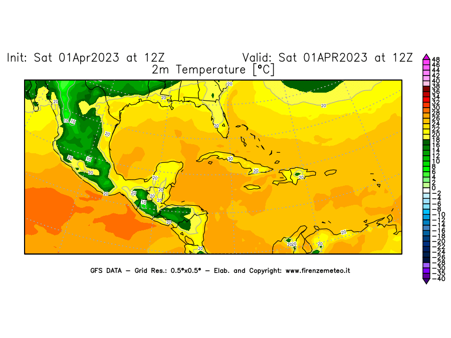 GFS analysi map - Temperature at 2 m above ground [°C] in Central America
									on 01/04/2023 12 <!--googleoff: index-->UTC<!--googleon: index-->