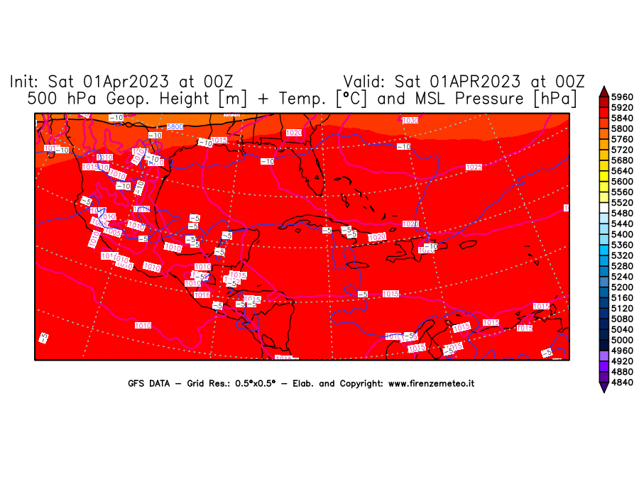 Mappa di analisi GFS - Geopotenziale [m] + Temp. [°C] a 500 hPa + Press. a livello del mare [hPa] in Centro-America
							del 01/04/2023 00 <!--googleoff: index-->UTC<!--googleon: index-->