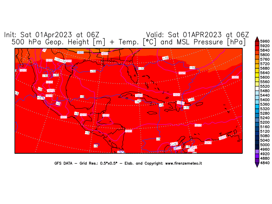 Mappa di analisi GFS - Geopotenziale [m] + Temp. [°C] a 500 hPa + Press. a livello del mare [hPa] in Centro-America
							del 01/04/2023 06 <!--googleoff: index-->UTC<!--googleon: index-->