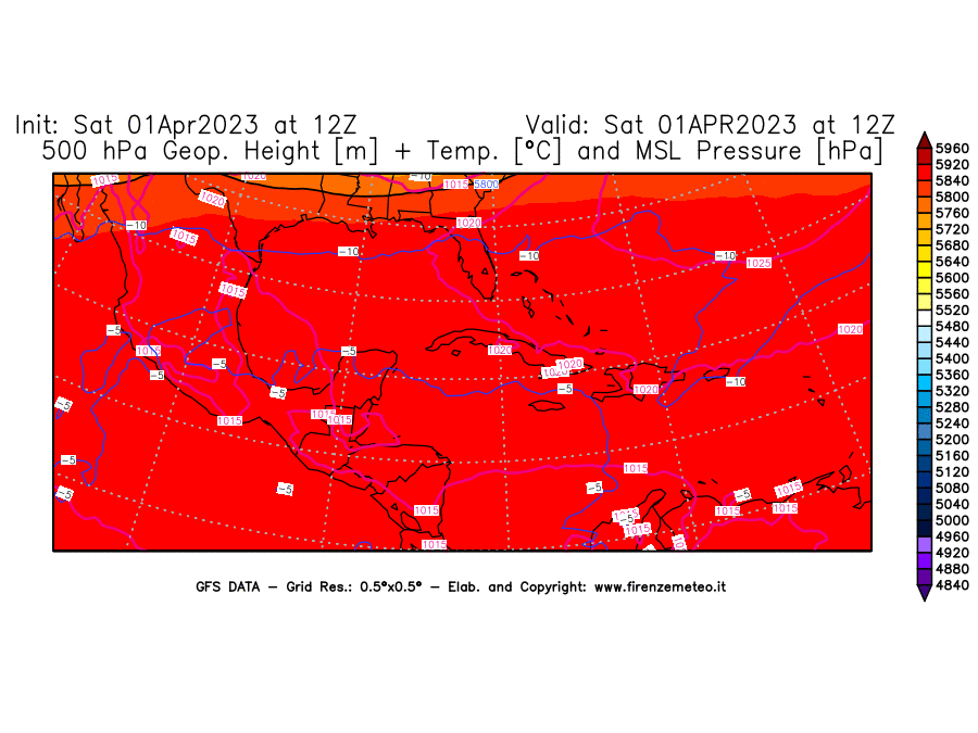 GFS analysi map - Geopotential [m] + Temp. [°C] at 500 hPa + Sea Level Pressure [hPa] in Central America
									on 01/04/2023 12 <!--googleoff: index-->UTC<!--googleon: index-->