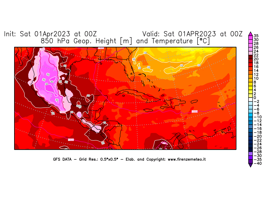 GFS analysi map - Geopotential [m] and Temperature [°C] at 850 hPa in Central America
									on 01/04/2023 00 <!--googleoff: index-->UTC<!--googleon: index-->