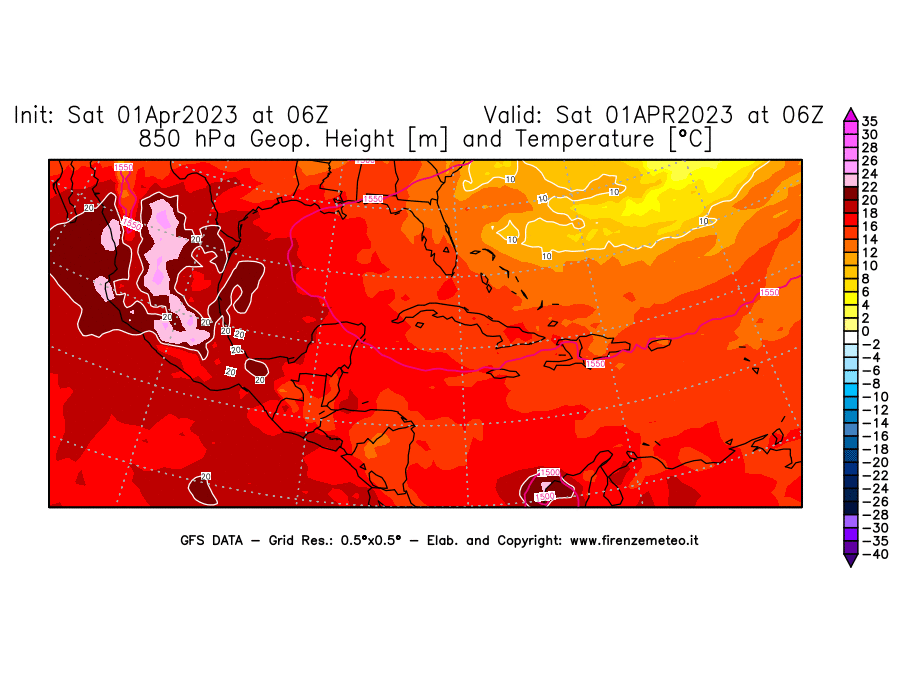 GFS analysi map - Geopotential [m] and Temperature [°C] at 850 hPa in Central America
									on 01/04/2023 06 <!--googleoff: index-->UTC<!--googleon: index-->