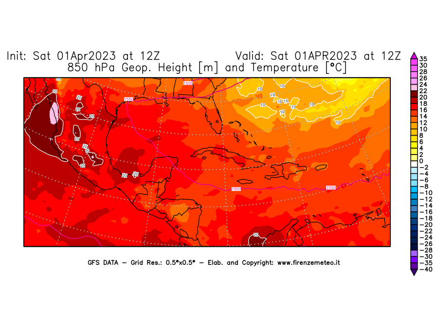 GFS analysi map - Geopotential [m] and Temperature [°C] at 850 hPa in Central America
									on 01/04/2023 12 <!--googleoff: index-->UTC<!--googleon: index-->