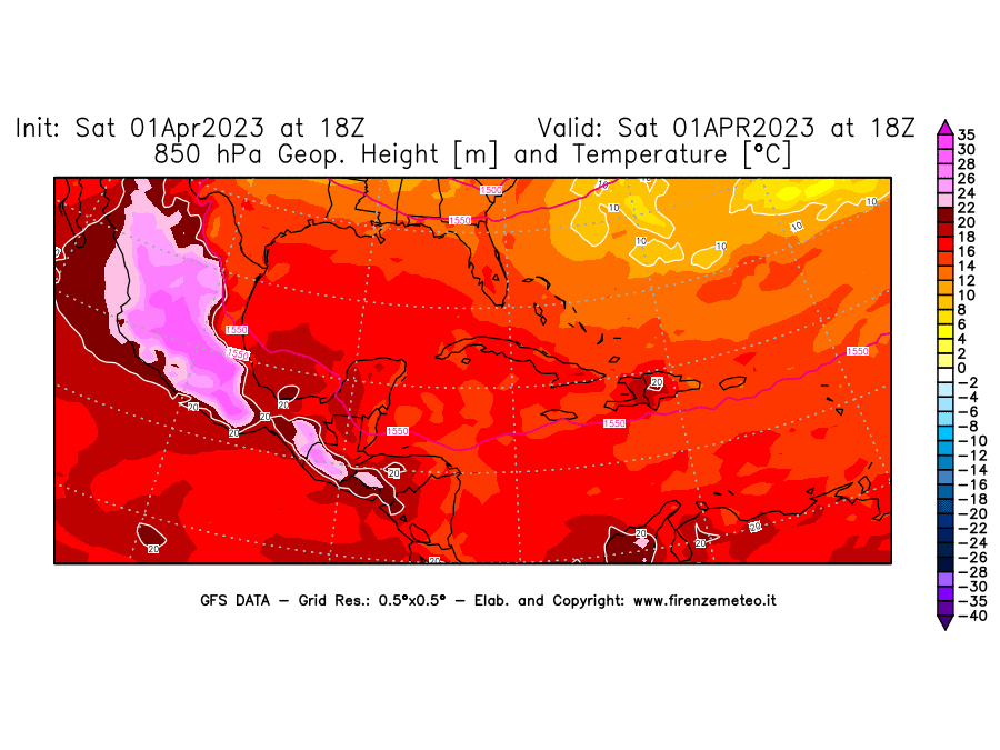 GFS analysi map - Geopotential [m] and Temperature [°C] at 850 hPa in Central America
									on 01/04/2023 18 <!--googleoff: index-->UTC<!--googleon: index-->