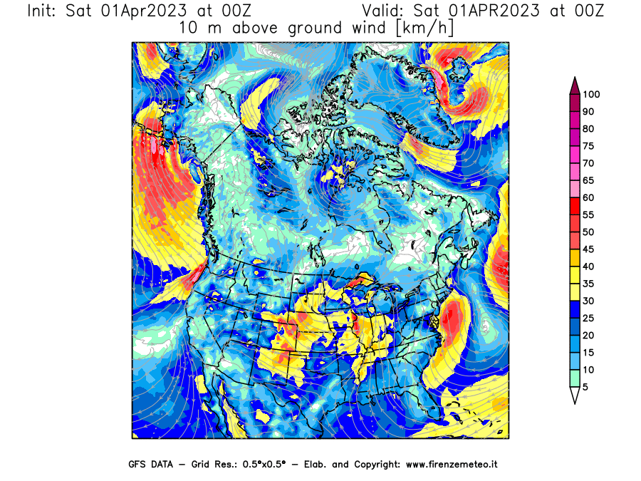 Mappa di analisi GFS - Velocità del vento a 10 metri dal suolo [km/h] in Nord-America
							del 01/04/2023 00 <!--googleoff: index-->UTC<!--googleon: index-->