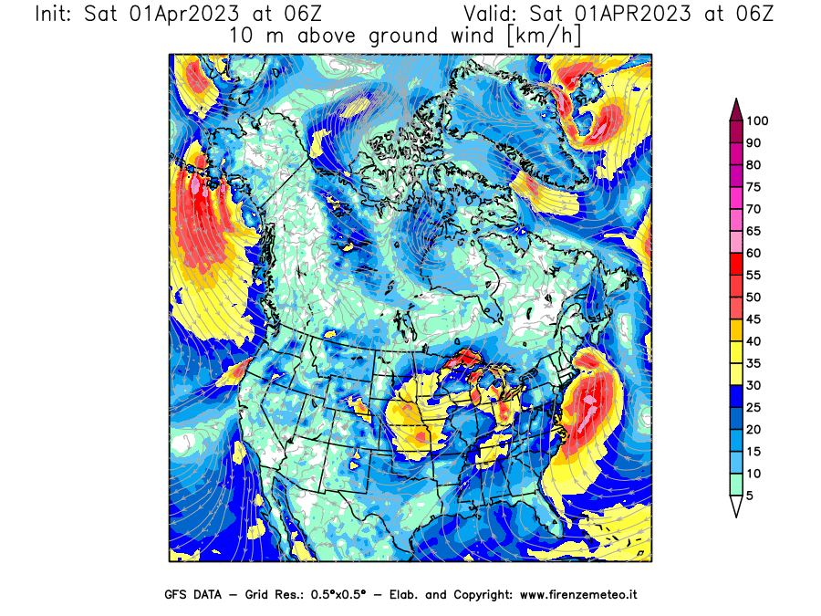 Mappa di analisi GFS - Velocità del vento a 10 metri dal suolo [km/h] in Nord-America
							del 01/04/2023 06 <!--googleoff: index-->UTC<!--googleon: index-->