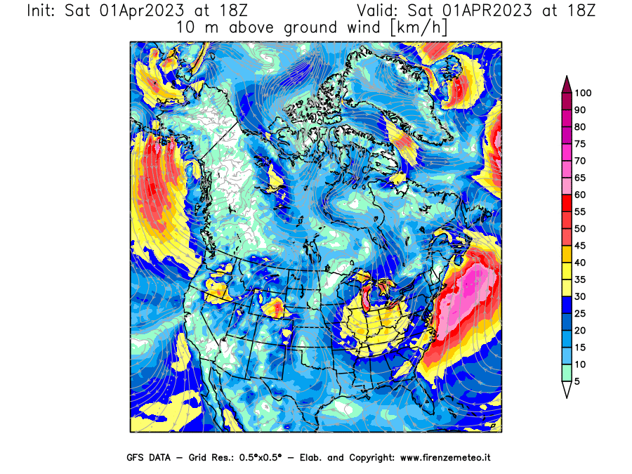 Mappa di analisi GFS - Velocità del vento a 10 metri dal suolo [km/h] in Nord-America
							del 01/04/2023 18 <!--googleoff: index-->UTC<!--googleon: index-->
