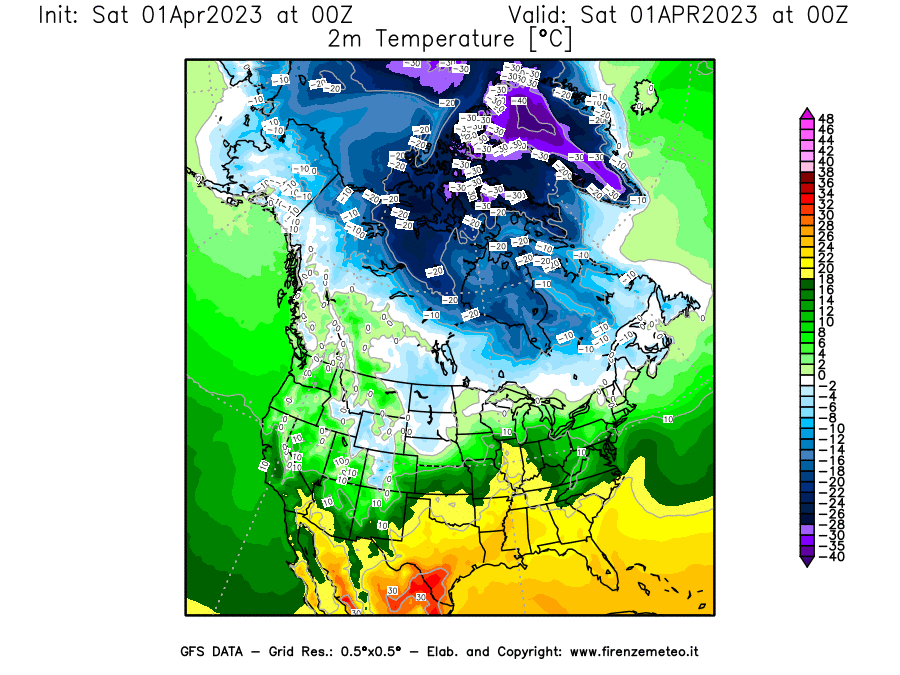 Mappa di analisi GFS - Temperatura a 2 metri dal suolo [°C] in Nord-America
							del 01/04/2023 00 <!--googleoff: index-->UTC<!--googleon: index-->