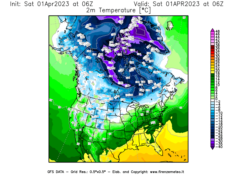 GFS analysi map - Temperature at 2 m above ground [°C] in North America
									on 01/04/2023 06 <!--googleoff: index-->UTC<!--googleon: index-->