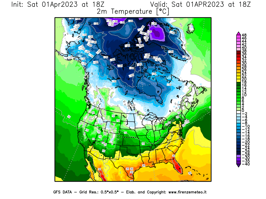 Mappa di analisi GFS - Temperatura a 2 metri dal suolo [°C] in Nord-America
							del 01/04/2023 18 <!--googleoff: index-->UTC<!--googleon: index-->