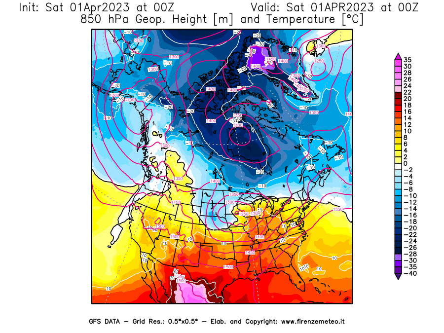GFS analysi map - Geopotential [m] and Temperature [°C] at 850 hPa in North America
									on 01/04/2023 00 <!--googleoff: index-->UTC<!--googleon: index-->
